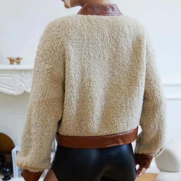 faux fur Teddy Crop Jacket Coat Brown - Picture 3 of 6